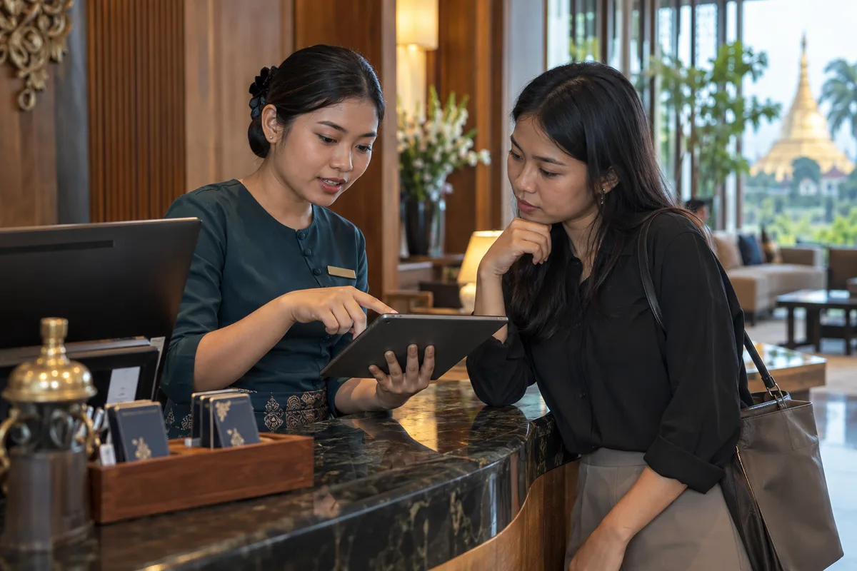 Illustrative scene of a Burmese hotel receptionist and designer reviewing check-in on a tablet.
