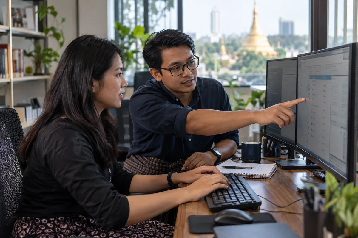 Illustrative scene of Burmese developers collaborating on connected business software.