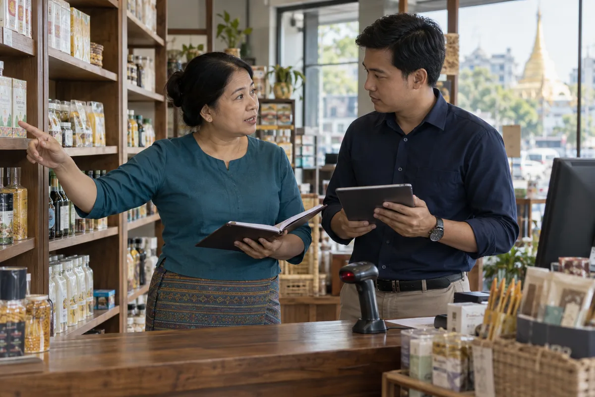 Illustrative scene of a Burmese shop owner discussing stock management with a software consultant.