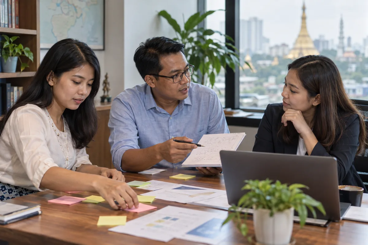 Illustrative scene of Burmese professionals planning customer workflows together.