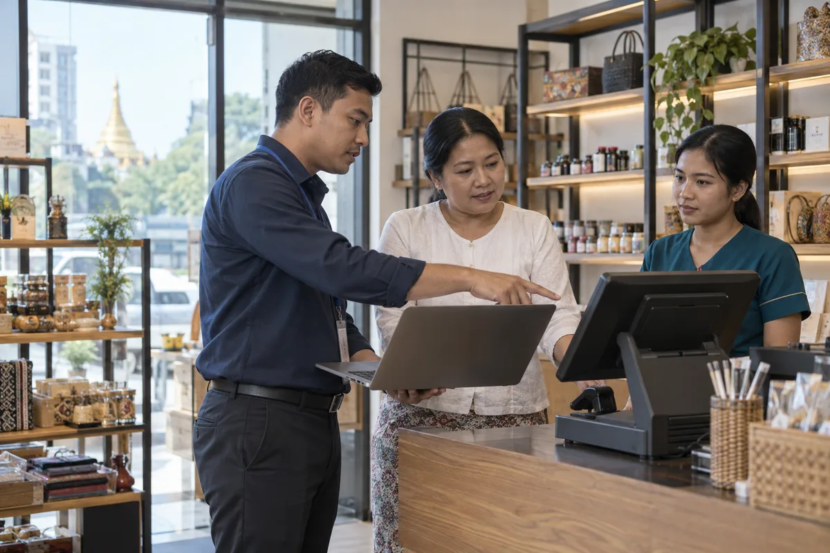 Illustrative scene of a Burmese consultant helping a shop owner and staff launch a new branch.