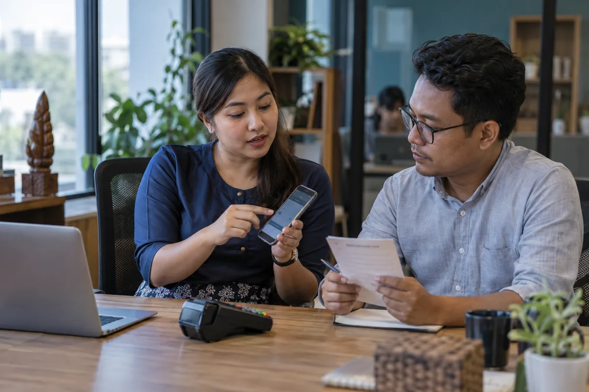 Illustrative scene of a Burmese team testing mobile payments with a phone and checklist.